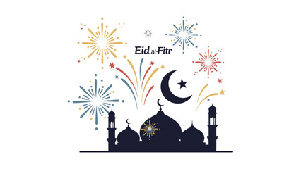 Eid al Fitr Celebration with Mosque and Fireworks