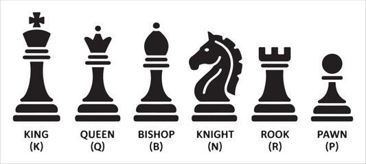 Set of black chess piece icons with king queen bishop knight rook and pawn on white background vector