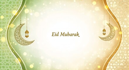 Eid Mubarak greeting card with islamic crescent moon lanterns on a colorful abstract background with eid al-fitr text