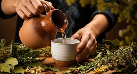 Herbal tea being poured from a clay teapot