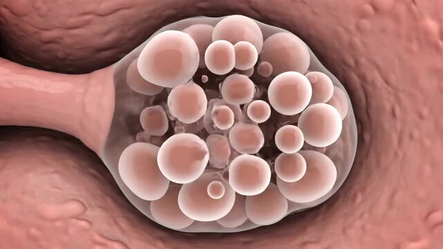 Detailed 3D animation of synaptic vesicles releasing neurotransmitters within a neuron. Visualizing crucial cellular communication.
