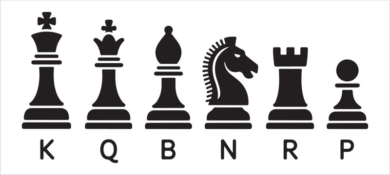 Set of black chess pieces with letter abbreviations below each piece isolated on a white background