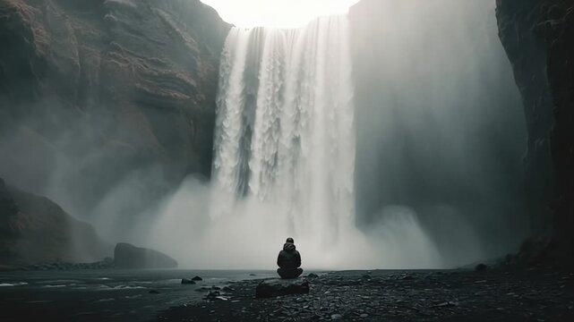 Solitary traveler facing majestic waterfall in misty canyon.