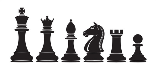 Creative set of chess piece silhouettes with king queen bishop knight rook and pawn graphic elements