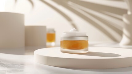 Medical-style skincare photo illustrating skin barrier repair concept using tallow cream, jar placed near abstract skin layer models, clean white background
