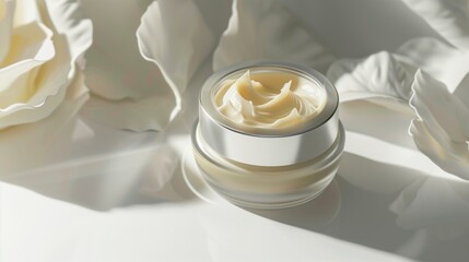 Medical-style skincare photo illustrating skin barrier repair concept using tallow cream, jar placed near abstract skin layer models, clean white background, soft clinical lighting, dermatology scienc