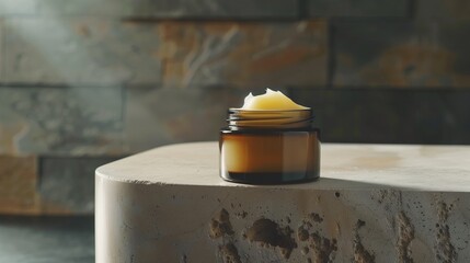 Natural tallow cream skincare product in a glass jar, creamy texture visible, placed on neutral stone surface, soft natural daylight, minimalistic spa aesthetic