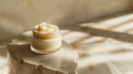 Natural tallow cream skincare product in a glass jar, creamy texture visible, placed on neutral stone surface, soft natural daylight, minimalistic spa aesthetic