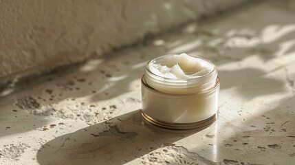 Natural tallow cream skincare product in a glass jar, creamy texture visible, placed on neutral stone surface, soft natural daylight, minimalistic spa aesthetic