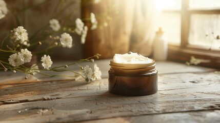 Tallow cream skincare jar on rustic wooden table, natural sunlight, warm tones, farmhouse aesthetic, organic and traditional skincare concept