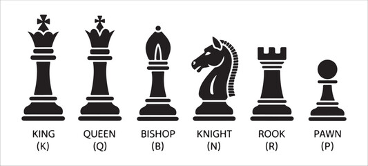 Illustration of chess pieces with decorative crown details and abbreviations for strategy gaming app
