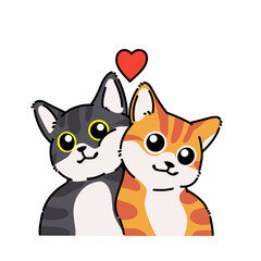 Fototapeta premium Adorable cartoon cat couple sitting together with a small heart above, symbolizing love, companionship, and romance in a colorful kawaii style.