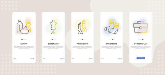 onboarding screen template for fashion mobile app ui with hair dye, dressmaker, woman boots, pair of socks, office briefcase icons.