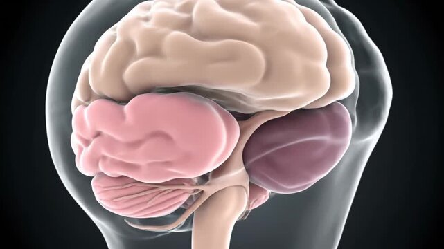 Detailed 3D animation of the human brain, focusing on cerebellum and brainstem anatomy. Ideal for medical and educational content.