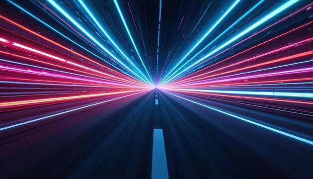 Zooming down a futuristic highway with vibrant neon lights creating a sense of speed and motion, perfect for technology or transportation concepts