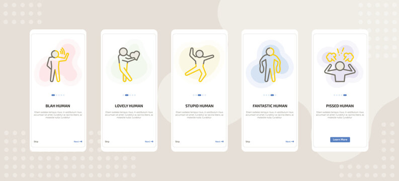 onboarding screen template for emotions mobile app ui with blah human, lovely human, stupid human, fantastic pissed icons.