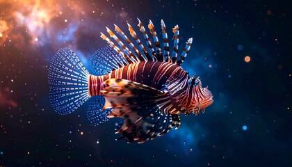 Lionfish swimming in a vibrant cosmic background with stars and nebula.