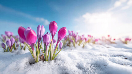 Crocus flowers in vibrant pink and purple hues emerging from the last vestiges of winter snow, signaling the arrival of spring