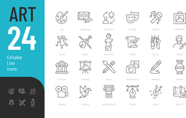 Art Line Editable Icons set. Vector illustration in modern thin style of culture related icons: painting, literature, theater, and more. Isolated on transparent background. © Vectuz