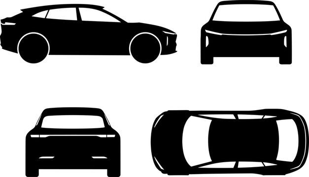 Modern Crossover SUV Car Silhouette Vector Template: Four Orthographic Views (Side, Front, Rear, Top) for Automotive Blueprint Design, EV Concept, and Technical Drawing Infographics.