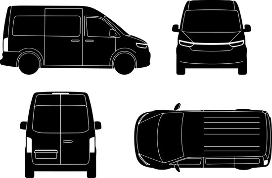 Modern Cargo Delivery Van Blueprint Vector Set: Detailed Silhouette Illustration of a Commercial Transport Vehicle Showing Top, Side, Front, and Back Orthogonal Views.