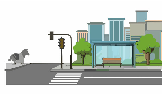 City street pedestrian crossing with park and bus stop flat vector illustration