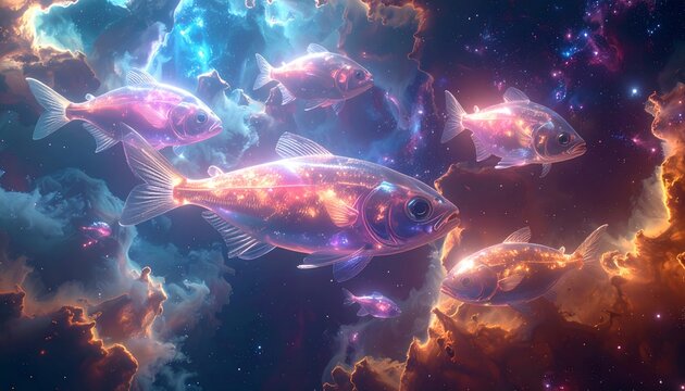 Vibrant fish swimming in a colorful, cloudy, cosmic environment.