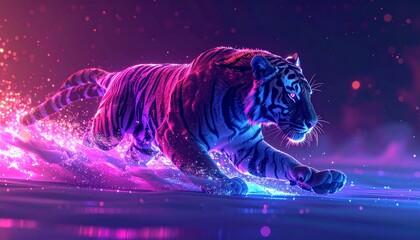 Vibrant Neon Tiger Running in Dark Environment.