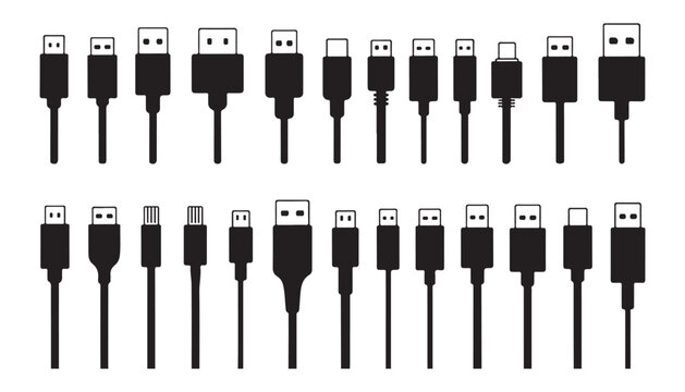Usb cable plug head silhouettes variety set showing different digital hardware connector interfaces