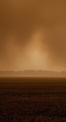 A vast open field shrouded in oppressive, thick brown air pollution and photochemical smog, creating an ominous environmental disaster scene ,oppressive ,dense ,abstract
