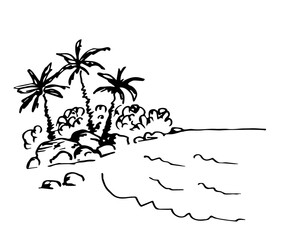 A simple hand-drawn vector drawing in black outline, sketch in ink. Beach holidays, tropical island, seaside, sea wave, ocean. Palm trees on the shore, rocks, sand. Nature, summer landscape.