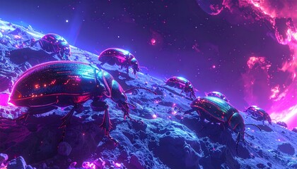 Futuristic Spacecraft on a Rocky Alien Planet with Nebula Background.