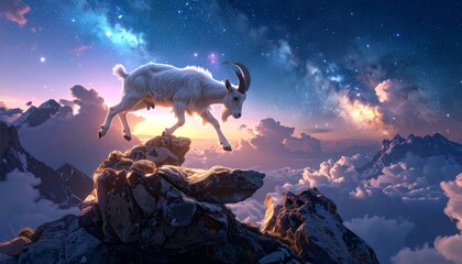 White goat leaping on mountain peak under starry night sky.