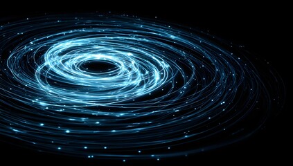 Intricate spiral of bright blue light strands with sparkling particles against black void, representing galaxy formation or digital data stream, cosmic abstract art