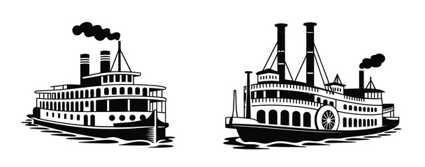 Steamboat icon set with vintage riverboat designs, paddlewheel boats, traditional steamship illustrations, ideal for nautical themes, travel brochures, historical graphics, river cruise branding © wellcomejun