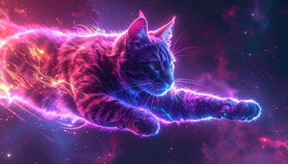 Glowing Neon Cat Floating in Space with Vibrant Colors.