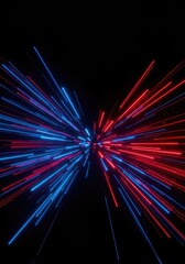 Abstract blue and red energy streaks are rapidly projected from a central point, symbolizing speed, force, and rapid motion across a dark background ,bright ,bursting ,shot out
