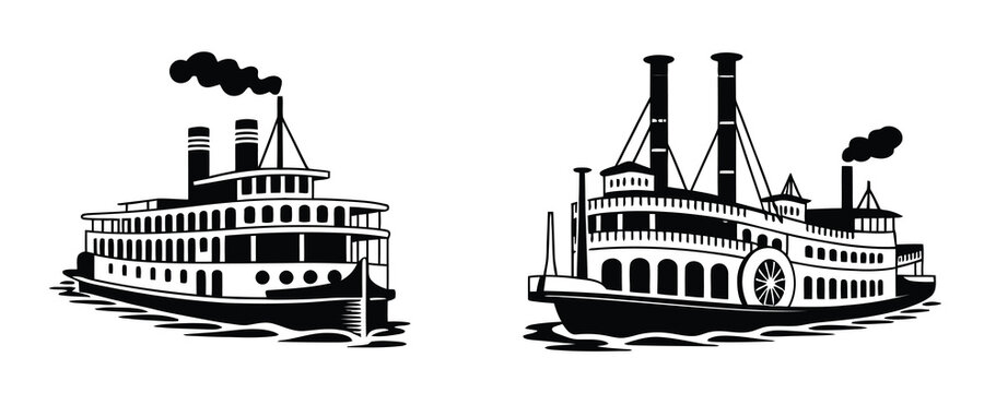 Steamboat icon set with vintage riverboat designs, paddlewheel boats, traditional steamship illustrations, ideal for nautical themes, travel brochures, historical graphics, river cruise branding