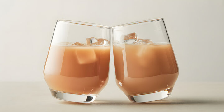 Two Glasses of Pink Barley Drink Cebada Toasting Together in Minimalist Commercial Beverage Photography
