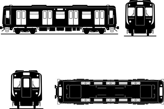 Detailed Vector Silhouette of Modern Subway Train Car in Multiple Views (Side, Front, Top Plan) - Urban Rail Transit and Public Transportation Blueprint Icon Set.