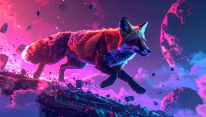 Vibrant Red Fox Jumping Through Cosmic Landscape with Neon Hues.