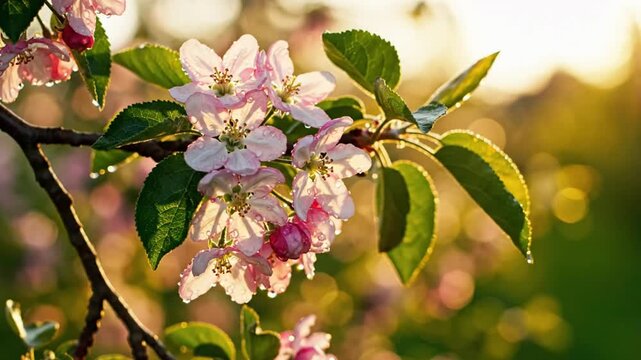 Close-up of delicate apple blossoms on a tree branch with water droplets in soft sunlight
