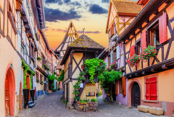 Eguisheim, France. Colorful half-timbered houses in Alsace.