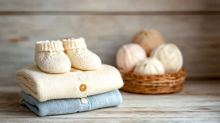 Hand knitted baby clothes and yarn creating a cozy concept for new parents and baby shower celebrations