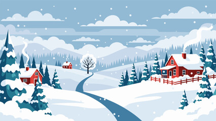 Obraz premium Charming vector illustration of a cozy winter landscape with snow-covered houses and trees, depicting a serene rural scene
