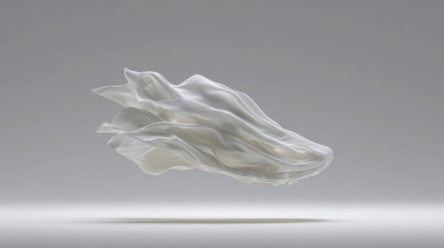Abstract flying fabric representing airflow and lightness in shoe design, white material floating for innovative concepts