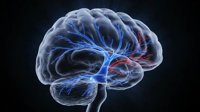 Detailed 3D animation of the human brain's vascular system, illustrating blood flow and neural activity for medical and scientific visuals.