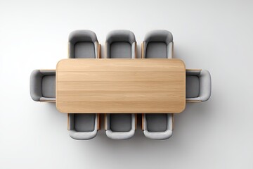 A top view of a wooden conference table surrounded by grey office chairs in a modern meeting room setting with ample lighting
