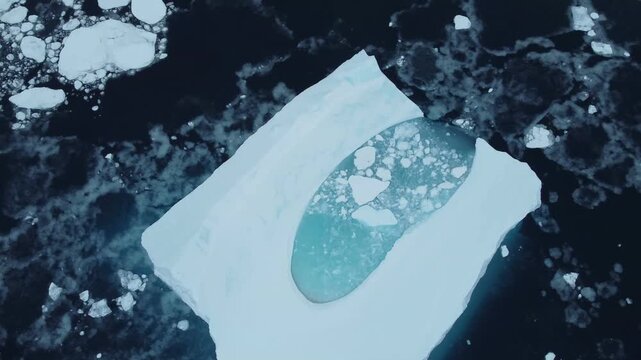 Aerial view of a beautiful iceberg on a sunny day in Antarctica