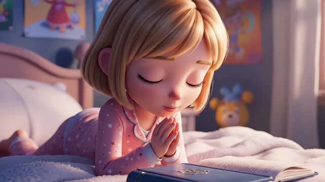 Blonde Girl Kneeling Bedside Praying In animation Cartoon Style Soft Pastel Bedroom Open Book On Bed Lamp Glow Posters Cozy Blanket Moonlight Warmth Tender Expression Peaceful Bedtime Ritual.